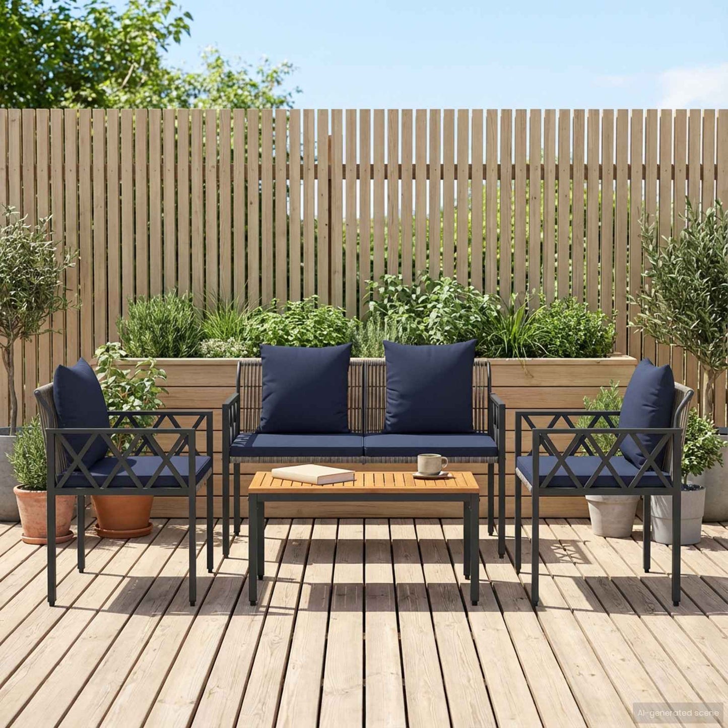 Outdoor Furniture Set 4 pcs Grey and Navy Blue Poly Rattan