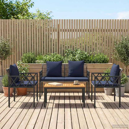 Outdoor Furniture Set 4 pcs Grey and Navy Blue Poly Rattan