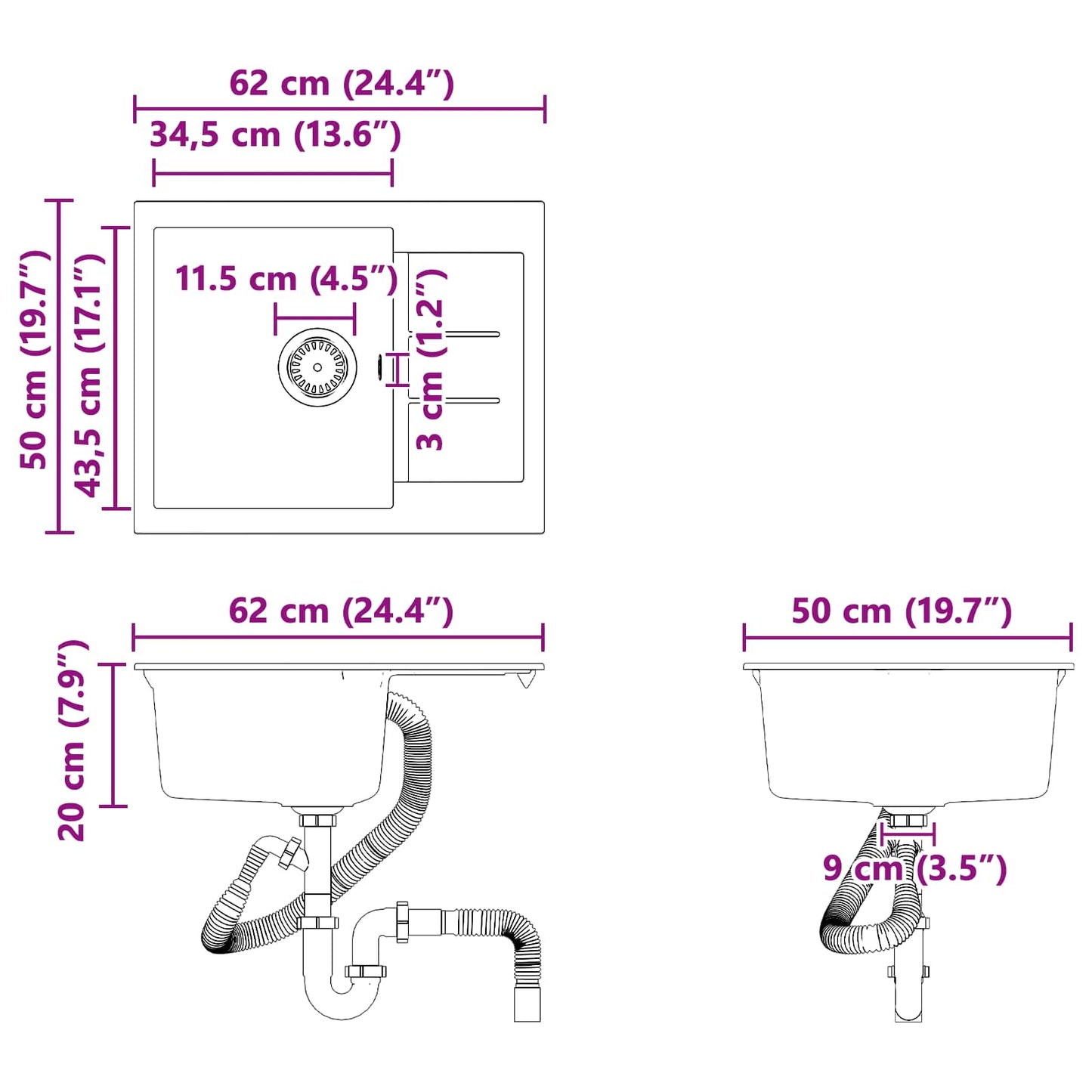 Sink White 620 x 500 mm 80% Quartz and 20% Resin