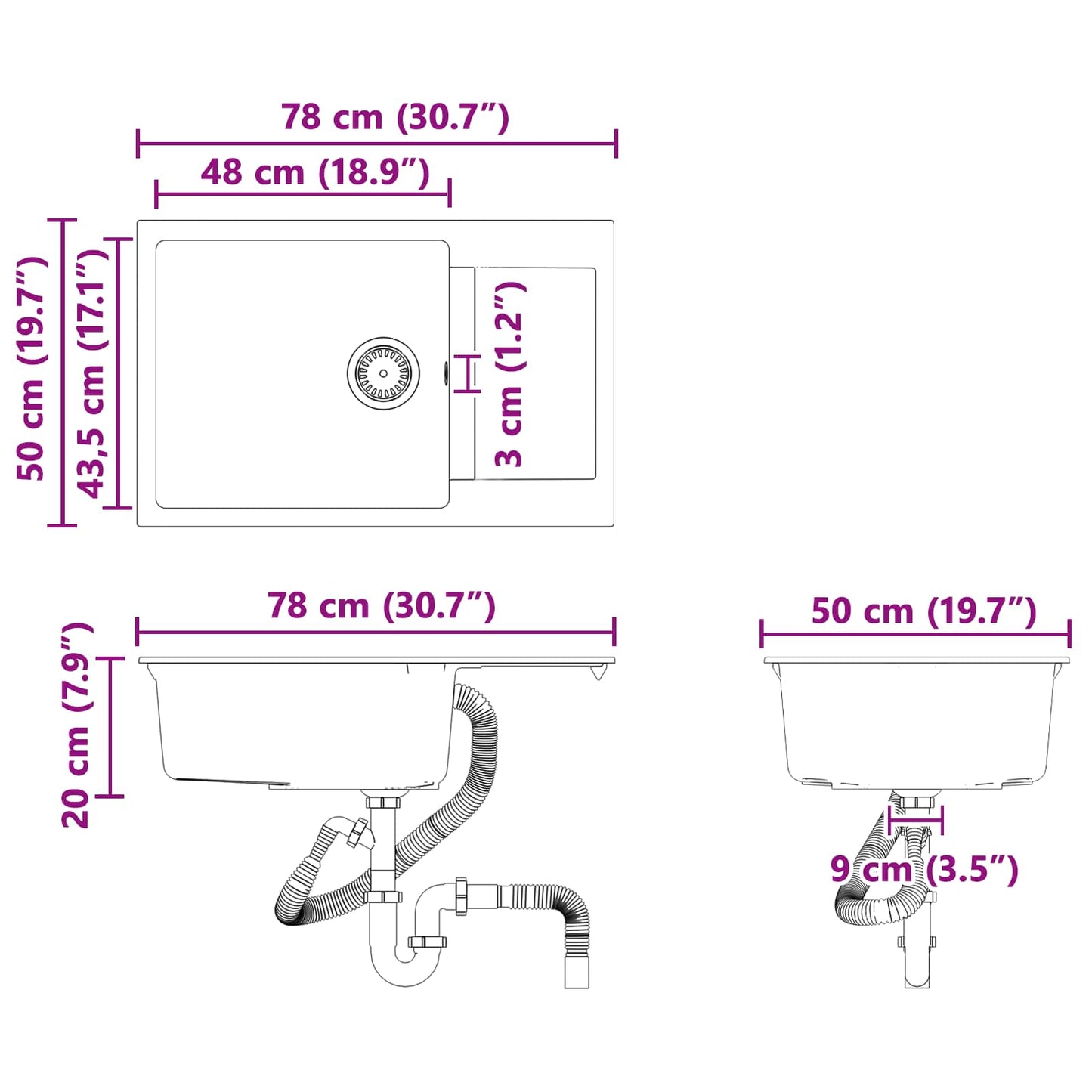 Sink White 780 x 500 mm 80% Quartz and 20% Resin