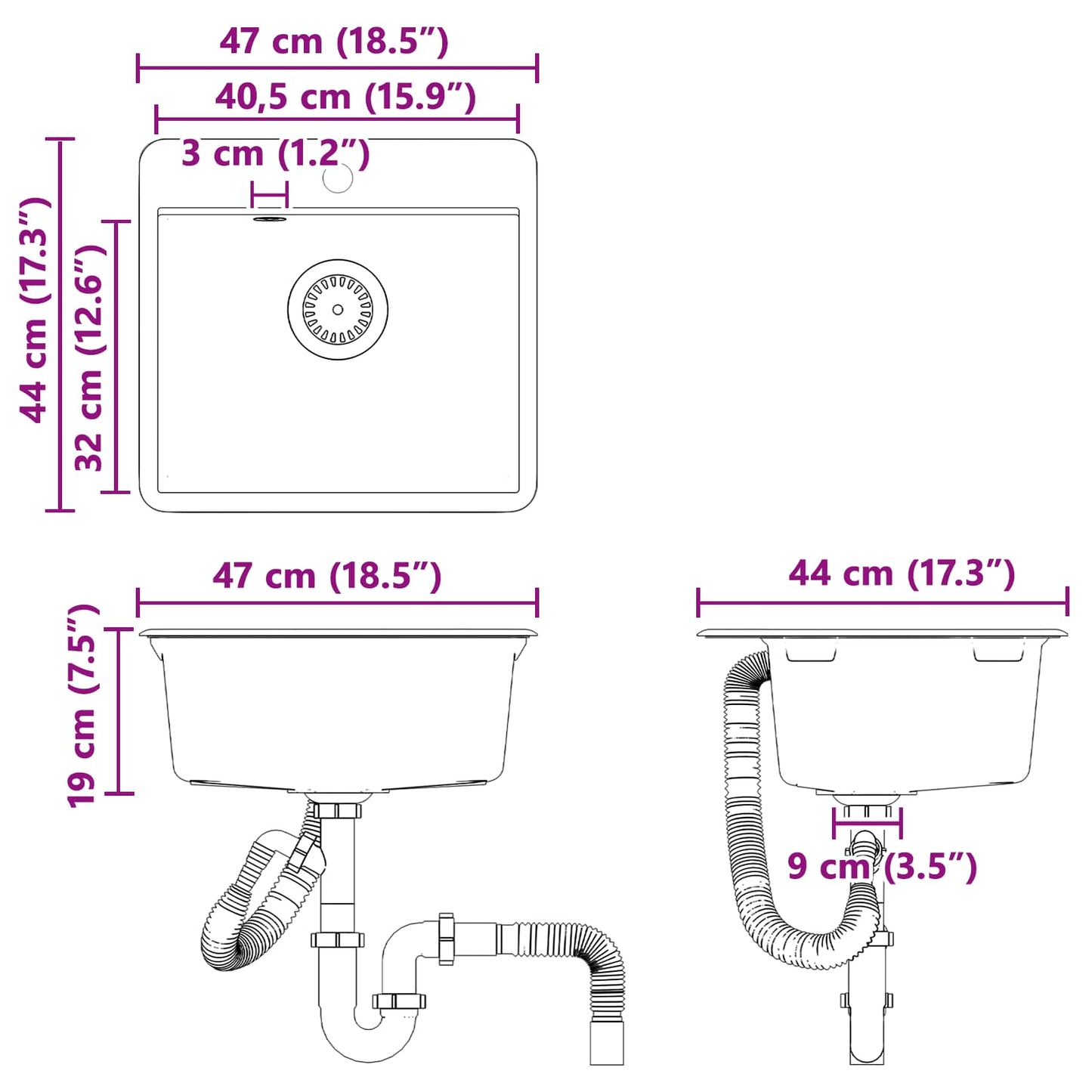 Sink Black 470 x 440 mm Granite