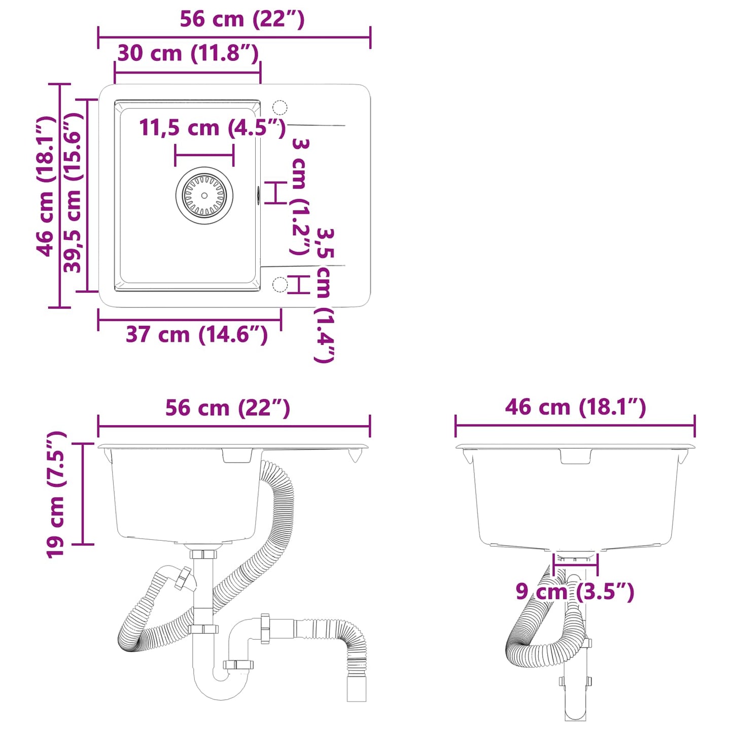 Sink White 560 x 460 mm 80% Quartz and 20% Resin