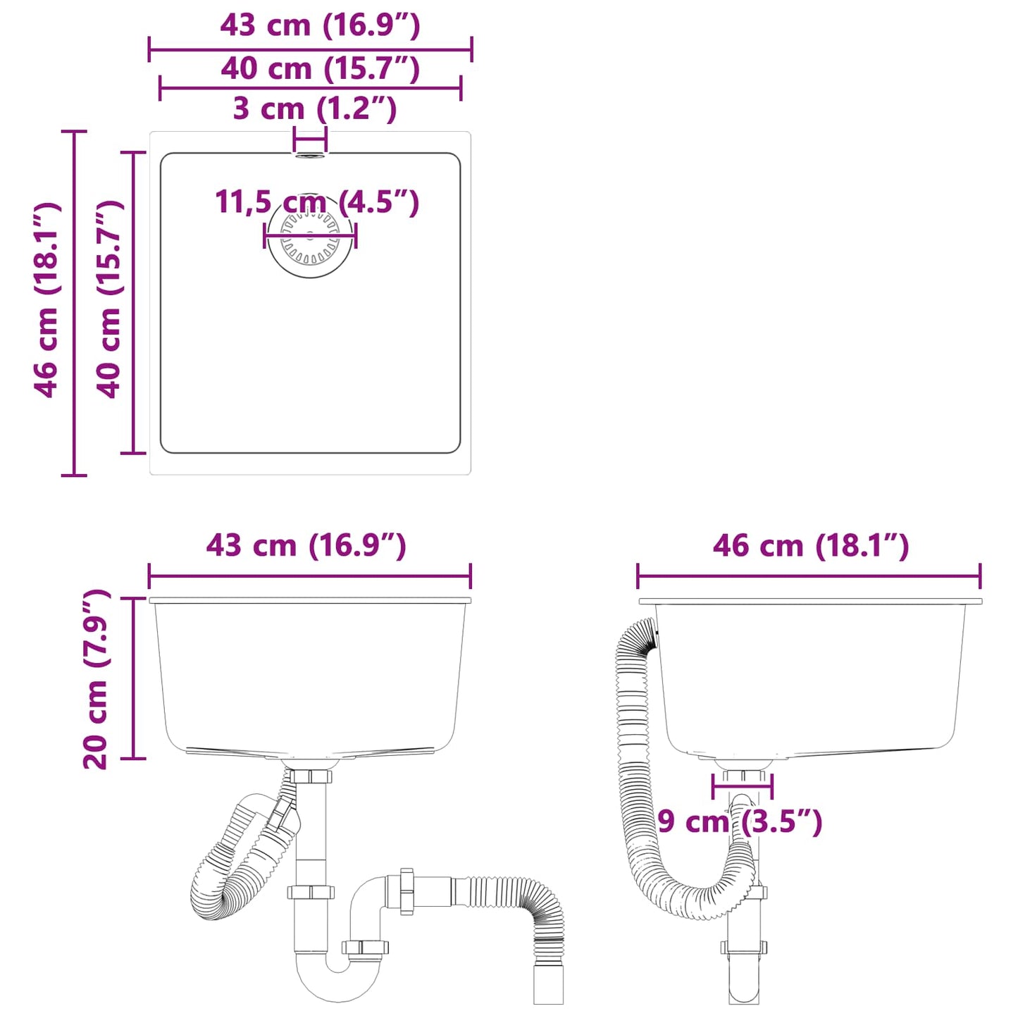 Sink White 430 x 460 mm 80% Quartz and 20% Resin