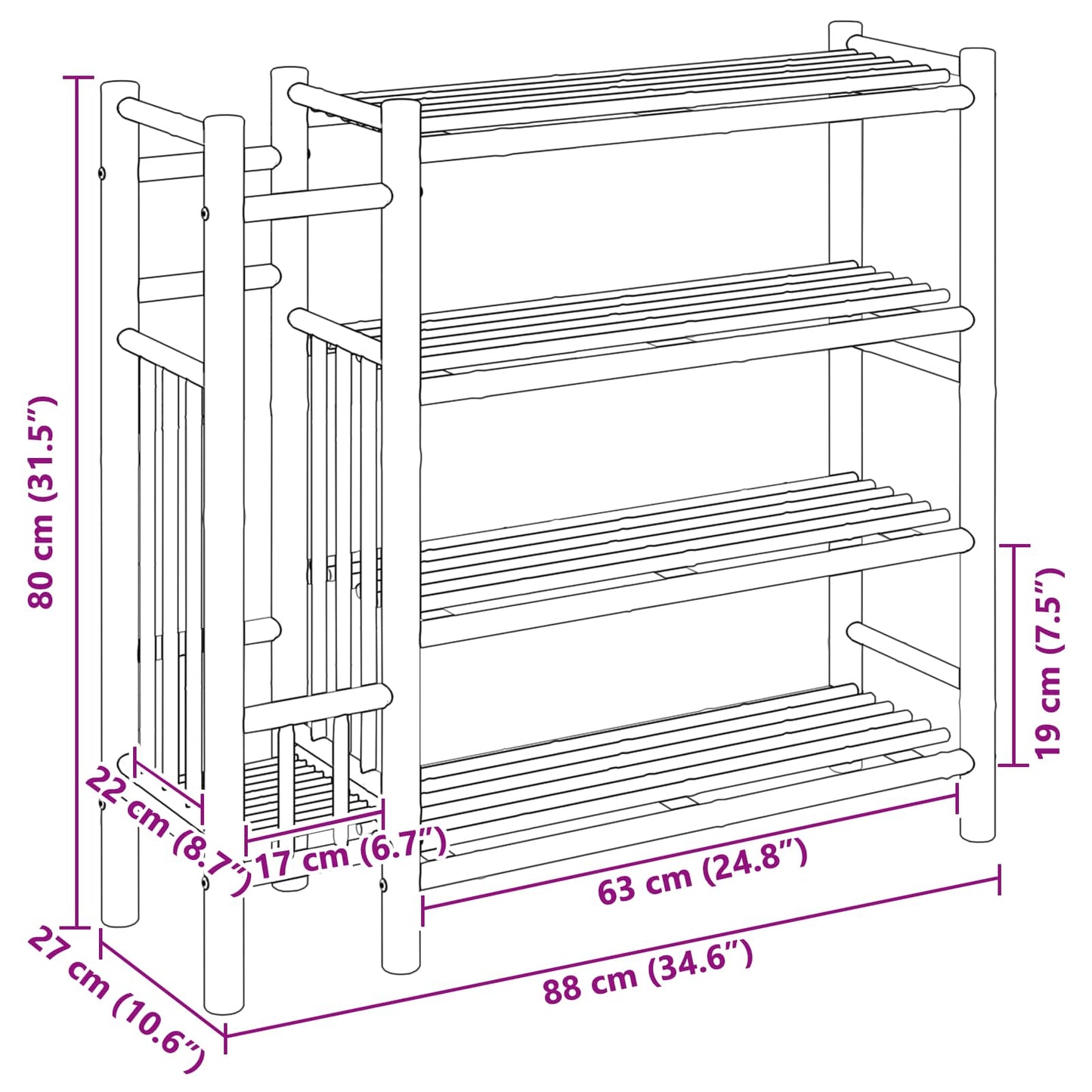 Shoe Rack with Shelf Natural 88 x 27 x 80 cm Bamboo