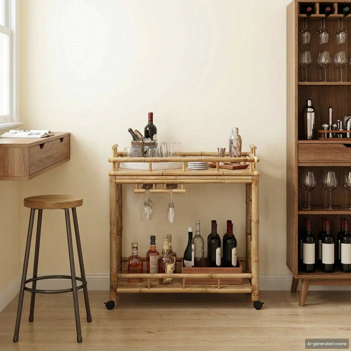 Wine Trolley with Wheels Natural 85 x 50 x 93 cm Bamboo