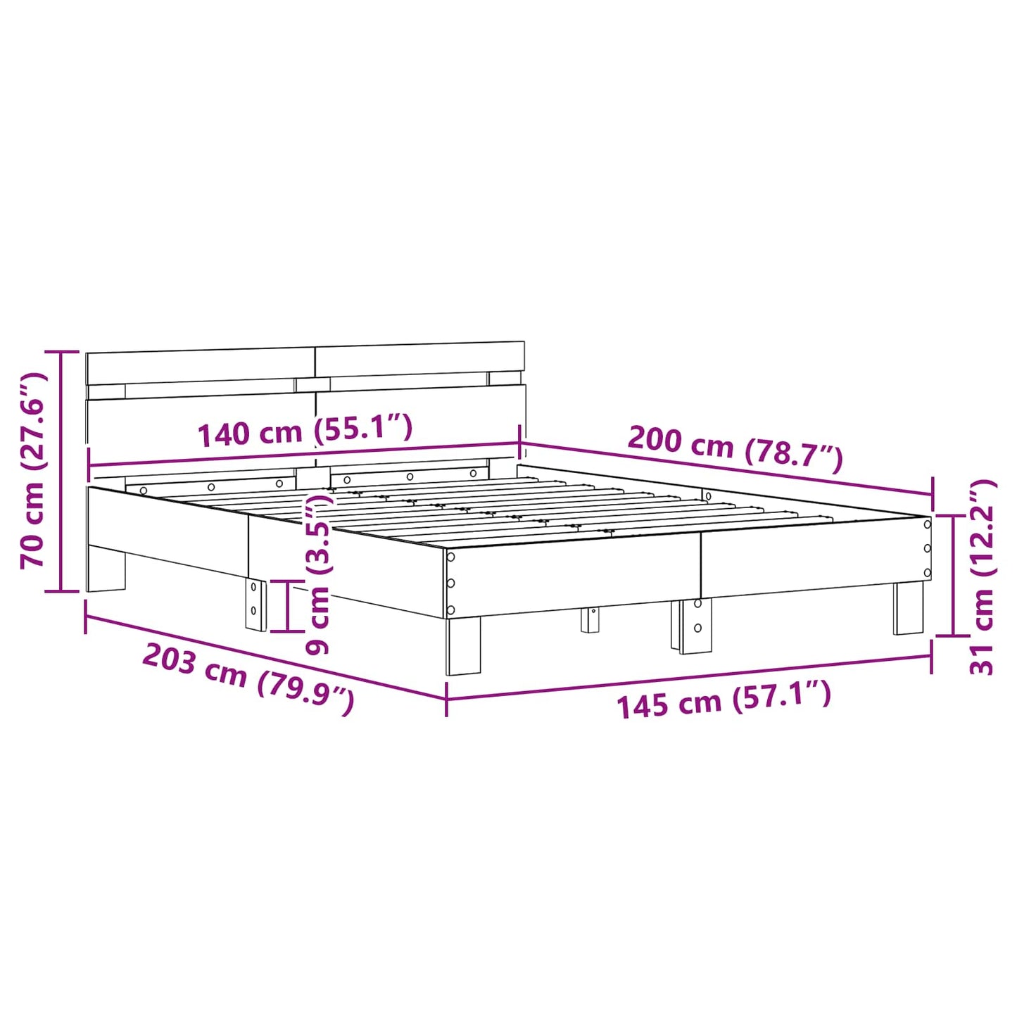 Bed Frame Black Oak 140 x 200 cm Engineered Wood