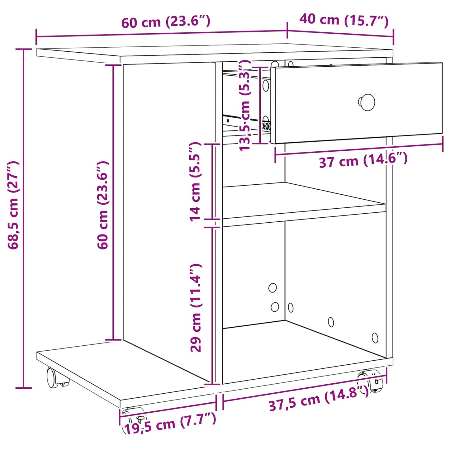 Printer Stand Plain Black Oak 60 x 40 x 68.5 cm Engineered Wood