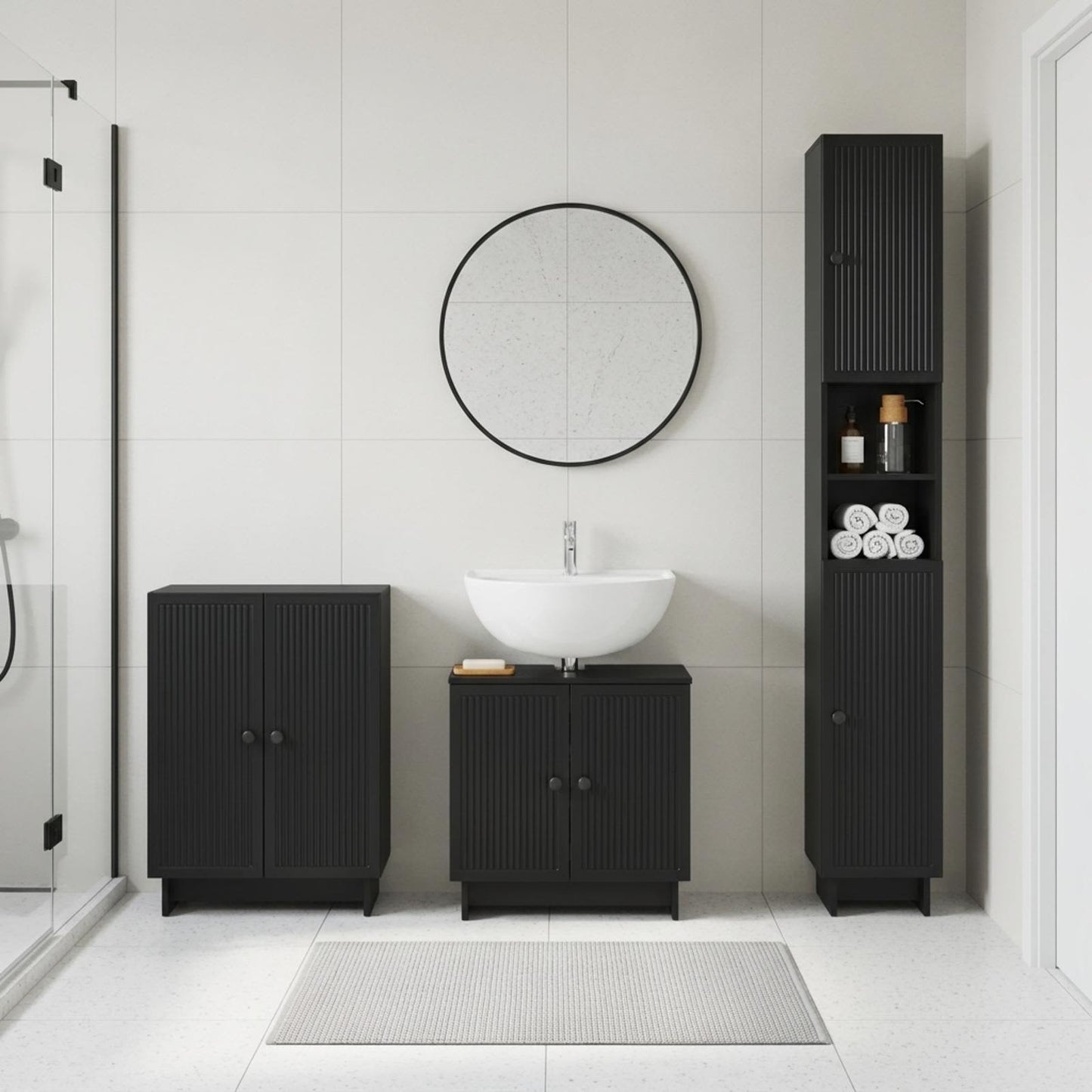 3 Piece Bathroom Cabinet Set EDE Black Engineered Wood