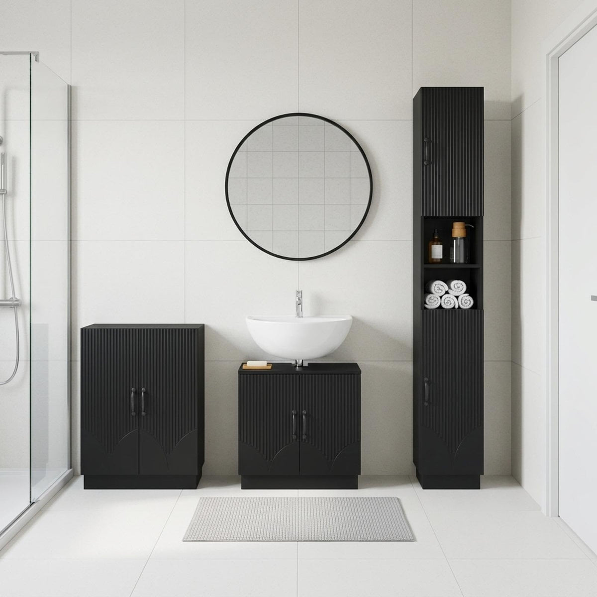 3 Piece Bathroom Cabinet Set HOORN Black Engineered Wood