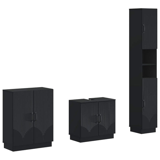 3 Piece Bathroom Cabinet Set HOORN Black Engineered Wood
