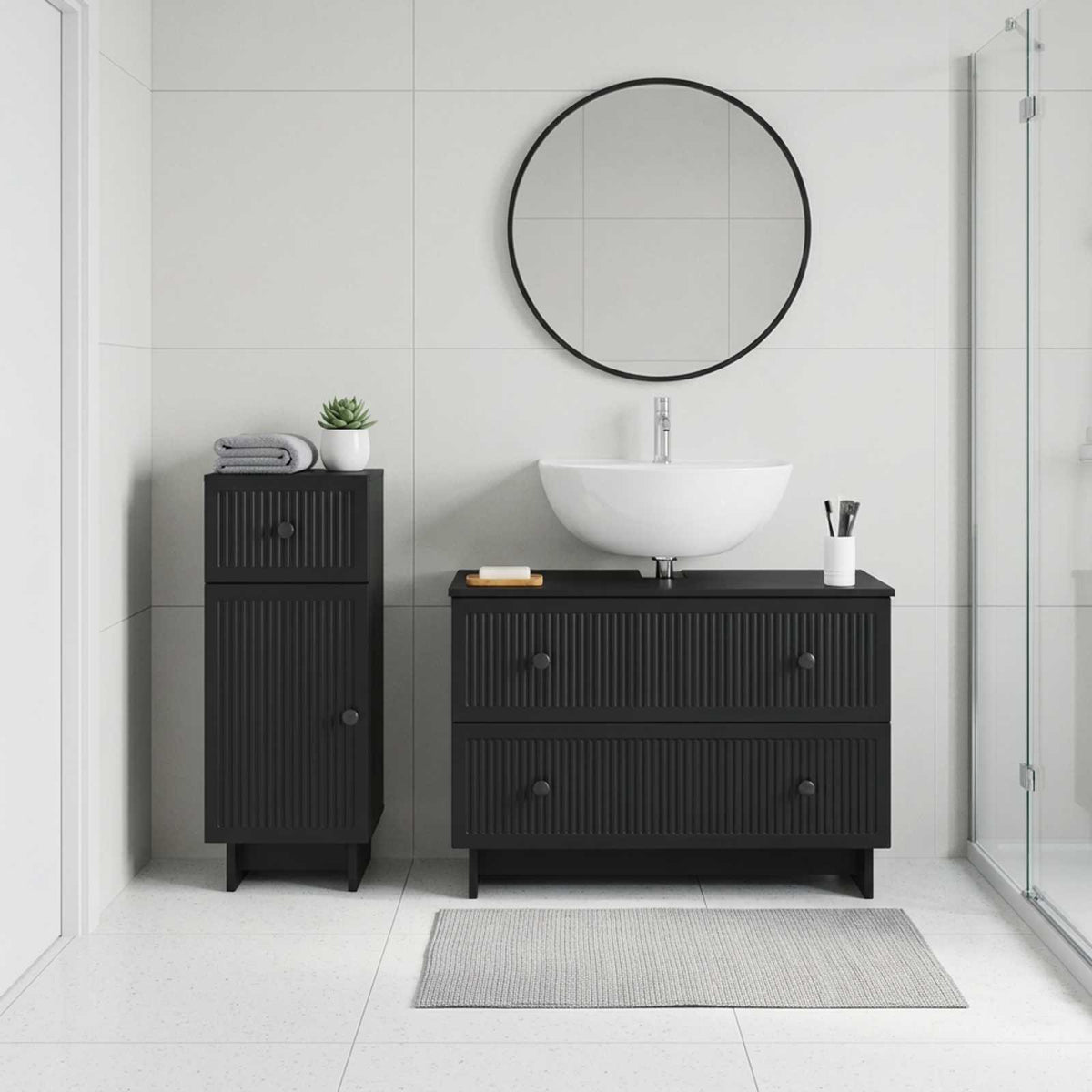 2 Piece Bathroom Cabinet Set EDE Black Engineered Wood