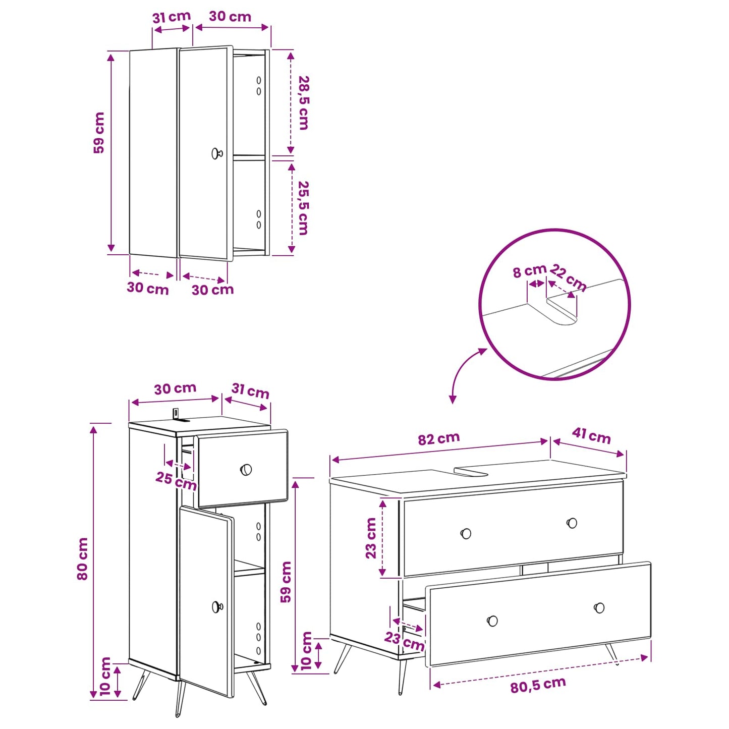 3 Piece Bathroom Cabinet Set BREDA Old Wood Engineered Wood