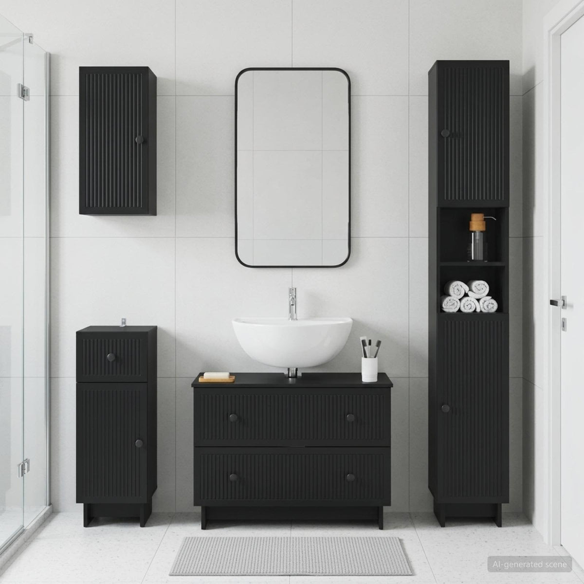 4 Piece Bathroom Cabinet Set EDE Black Engineered Wood