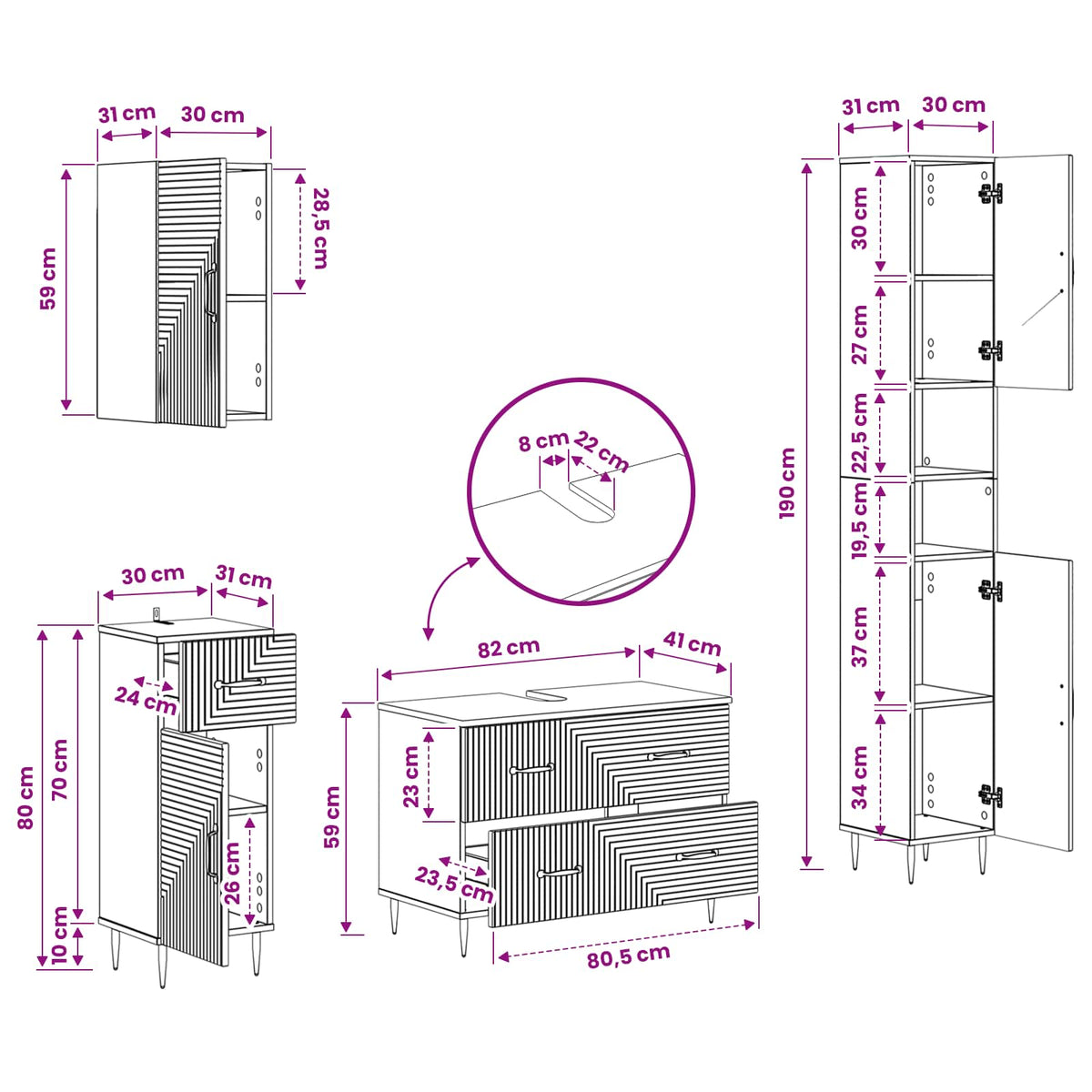 4 Piece Bathroom Cabinet Set HAARLEM Concrete Grey