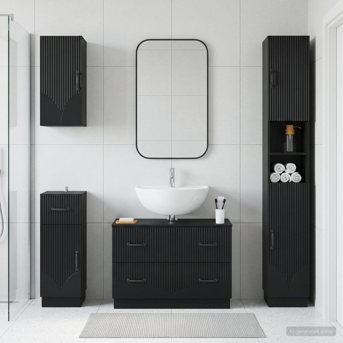 4 Piece Bathroom Cabinet Set HOORN Black Engineered Wood