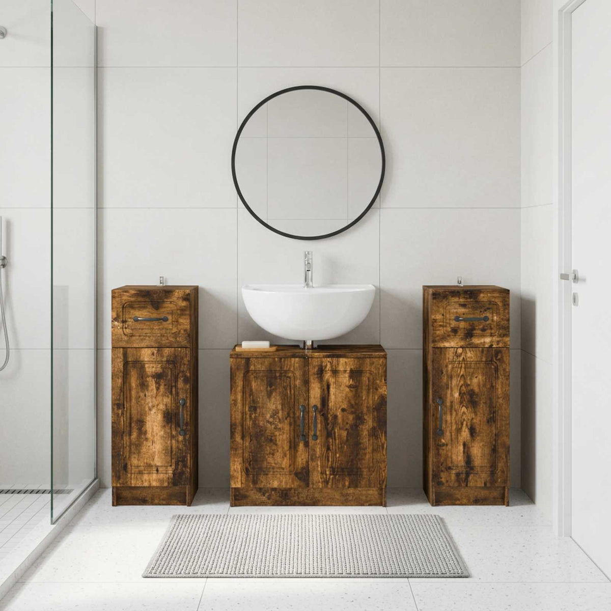 3 Piece Bathroom Cabinet Set UTRECHT 3 pcs Smoked Oak