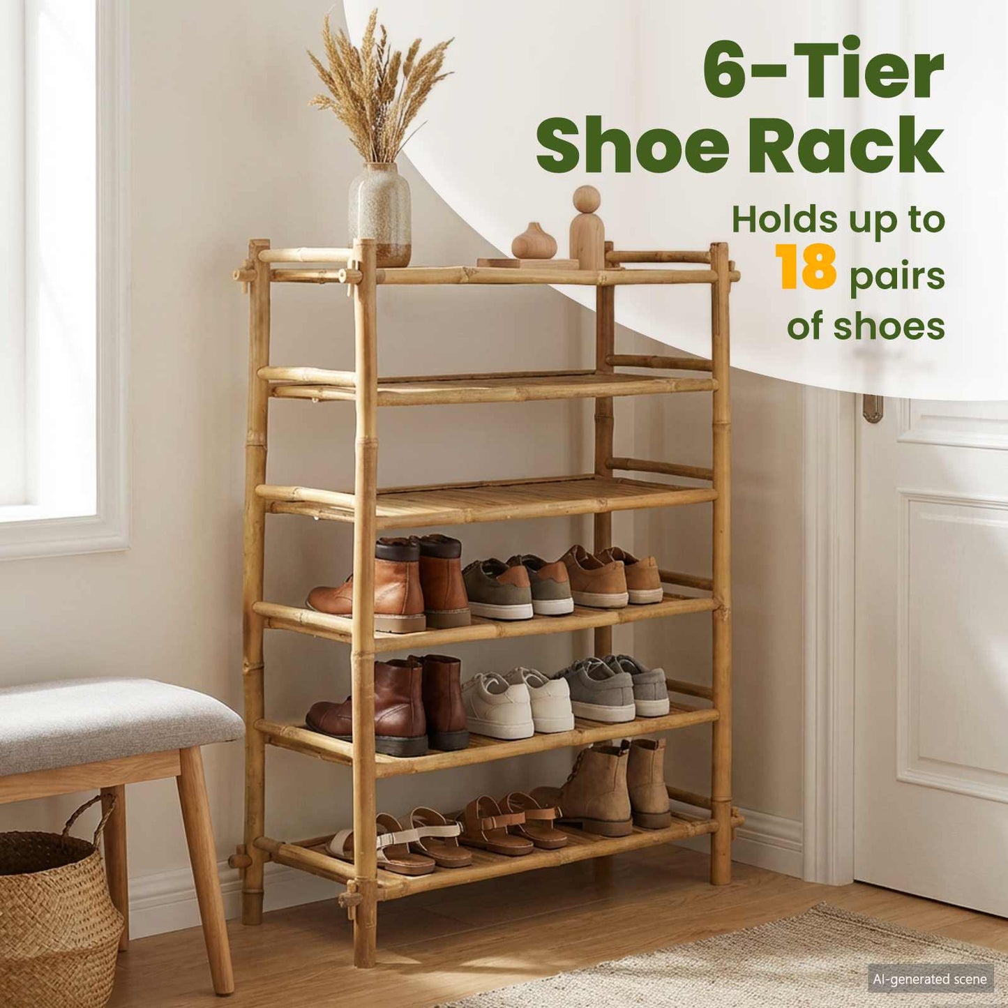 Shoe Rack with Shelf Natural 6-tier Bamboo