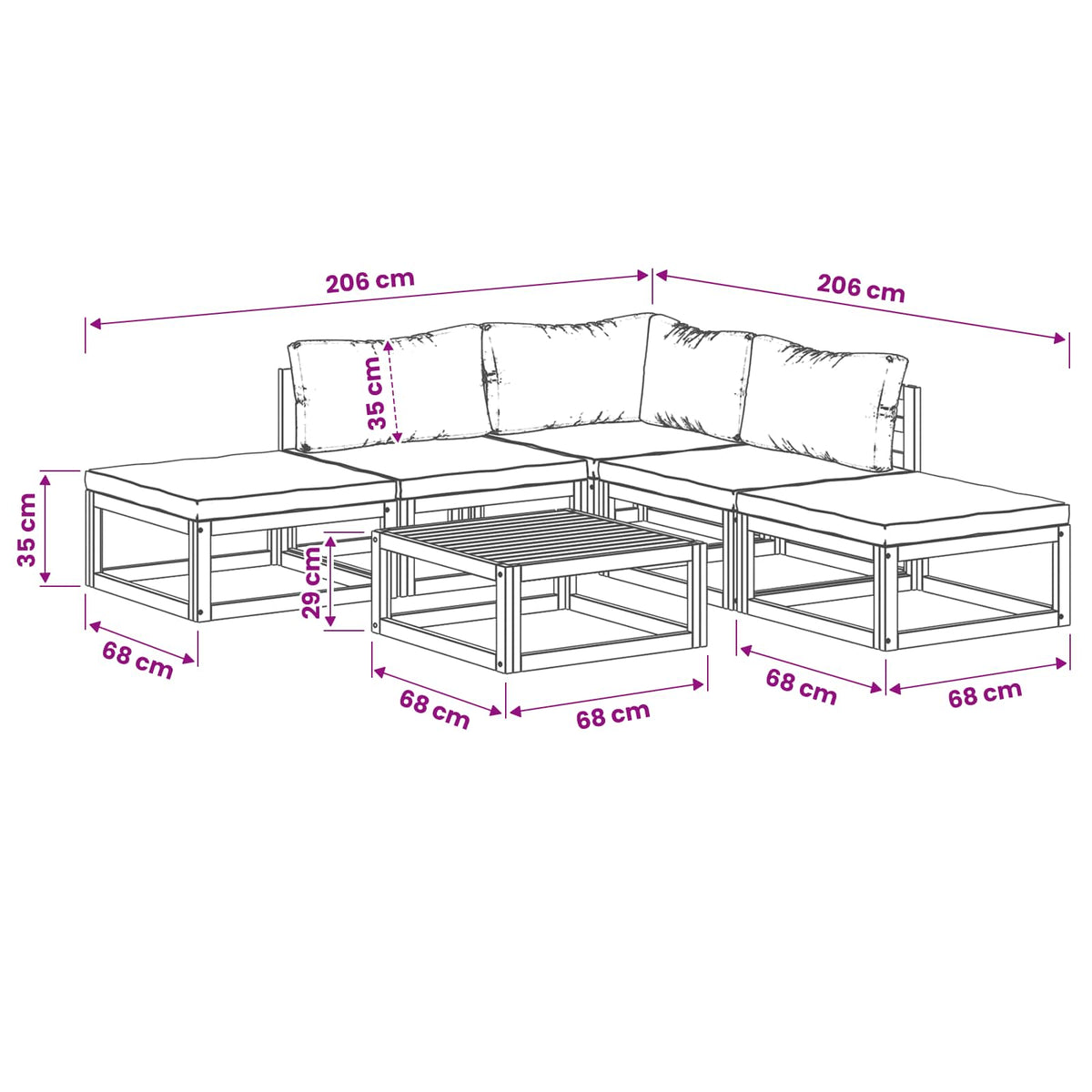 Sofa Set 6 pcs Natural Solid Acacia Wood