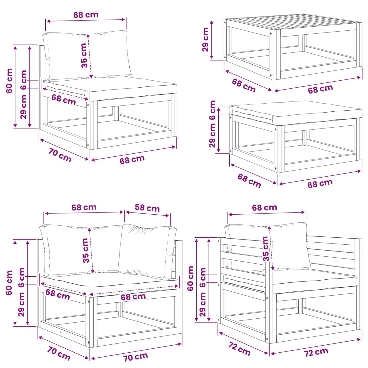 Sofa Set 7 pcs Natural Solid Acacia Wood