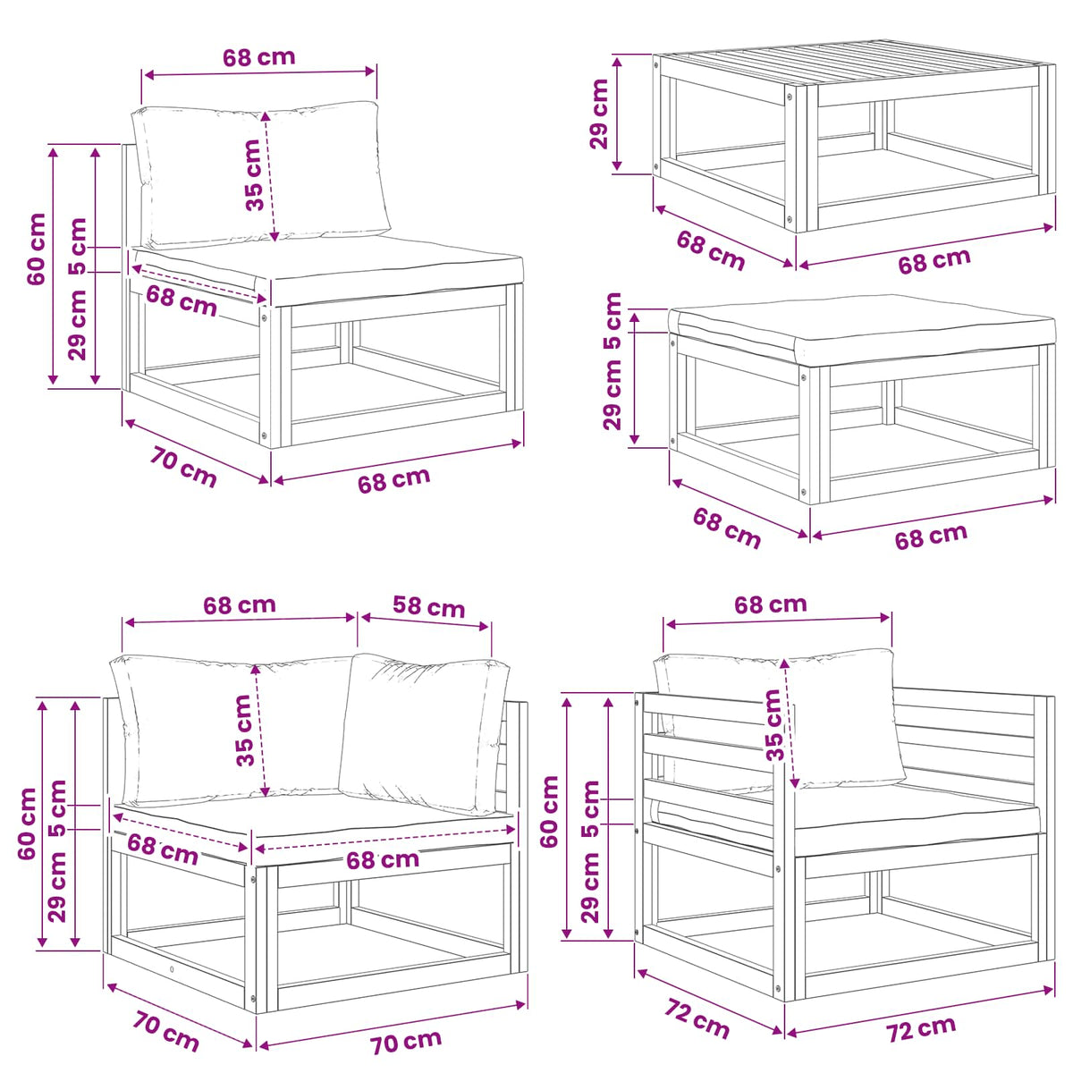 Sofa Set 6 pcs Natural Solid Acacia Wood