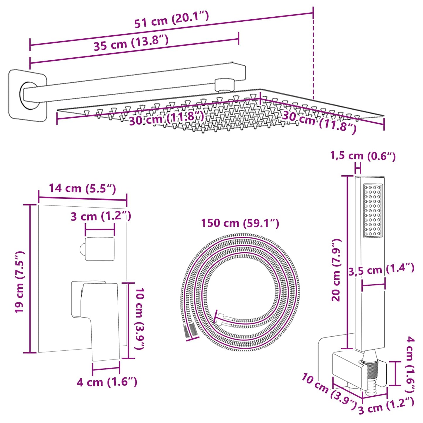 Concealed Shower System (Square) Black Stainless Steel 201