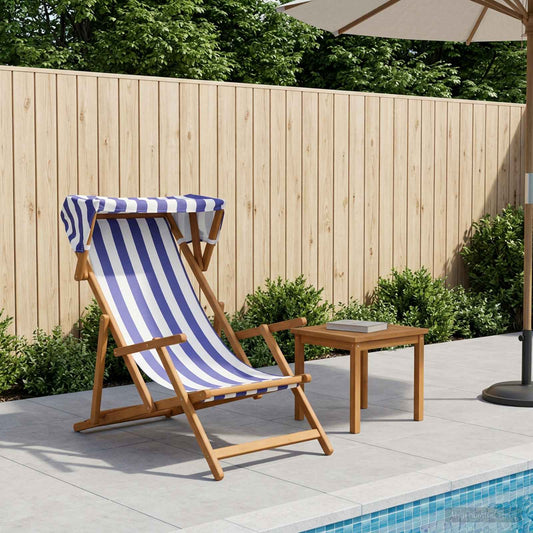 Deck Chair 3 Position Solid Eucalyptus Wood Blue and White
