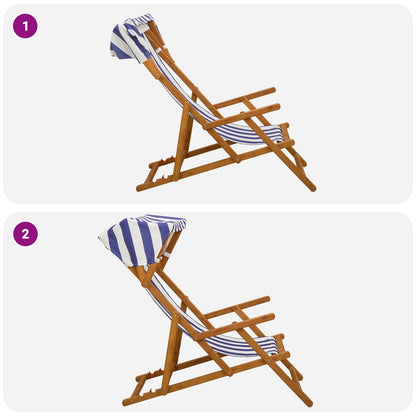 Deck Chair 3 Position Solid Eucalyptus Wood Blue and White