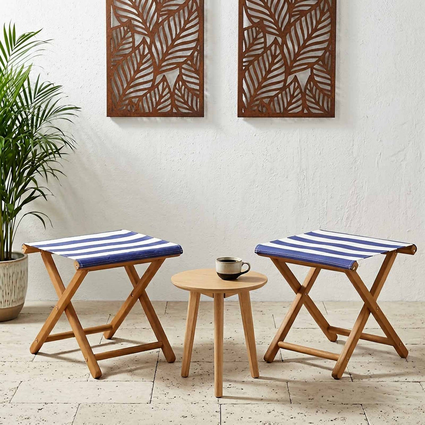 Deck Chair 2 pcs Solid Eucalyptus Wood Blue and White
