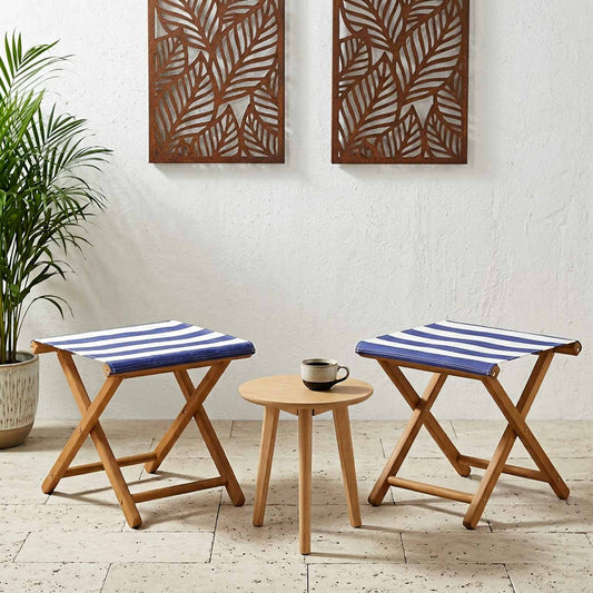 Deck Chair 2 pcs Solid Eucalyptus Wood Blue and White