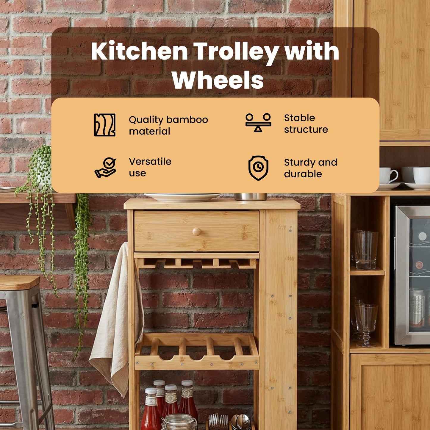 Kitchen Trolley with Wheels Natural 47.5 x 36 x 83 cm Bamboo