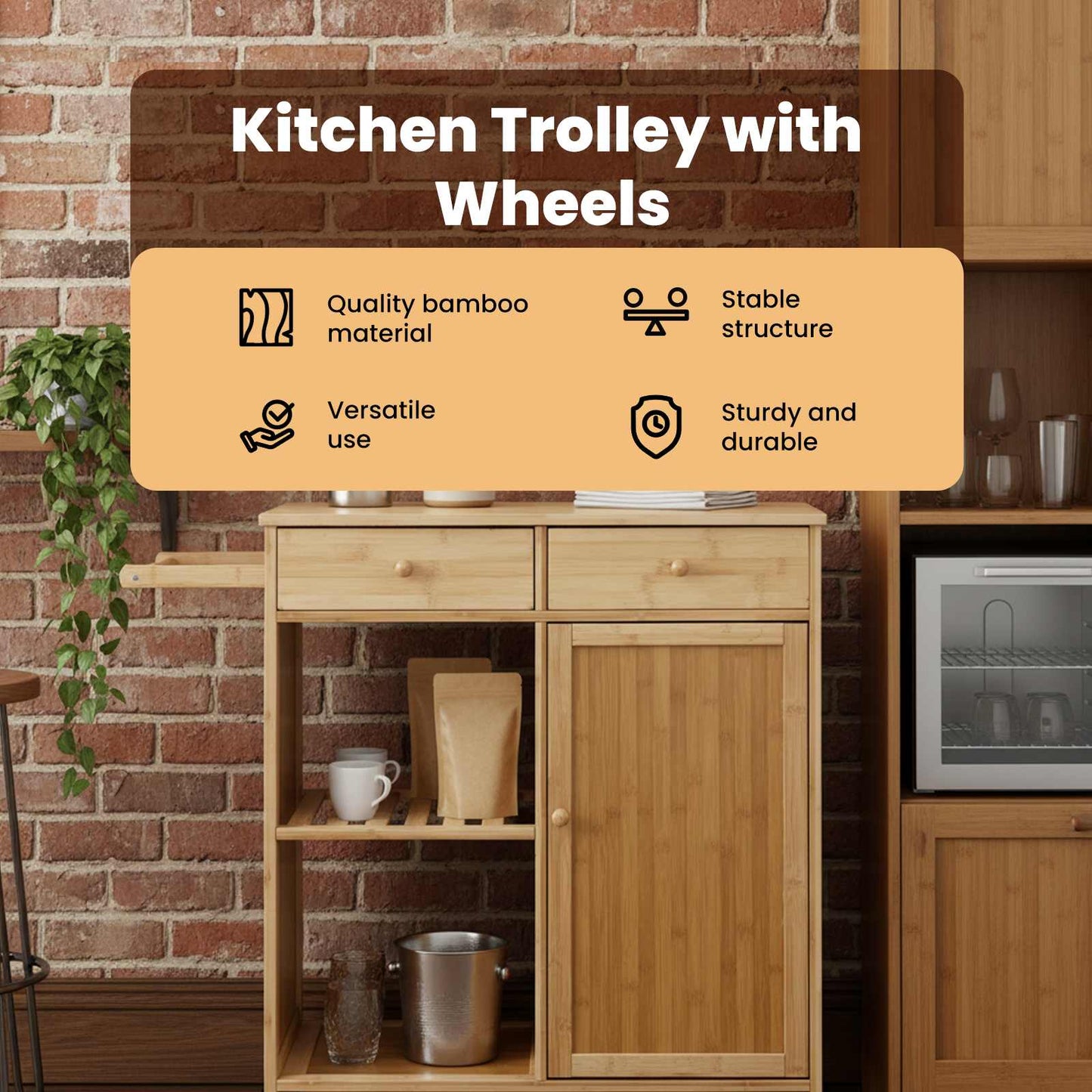 Kitchen Trolley with Wheels Natural 90.5 x 36 x 86.5 cm Bamboo