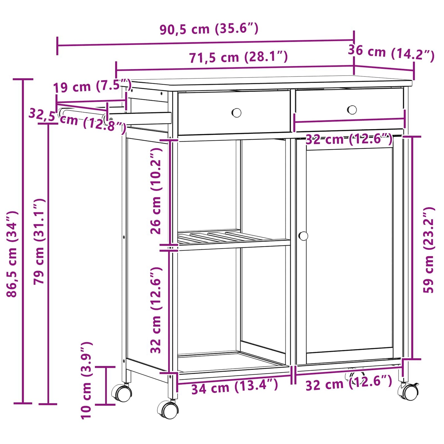Kitchen Trolley with Wheels Natural 90.5 x 36 x 86.5 cm Bamboo