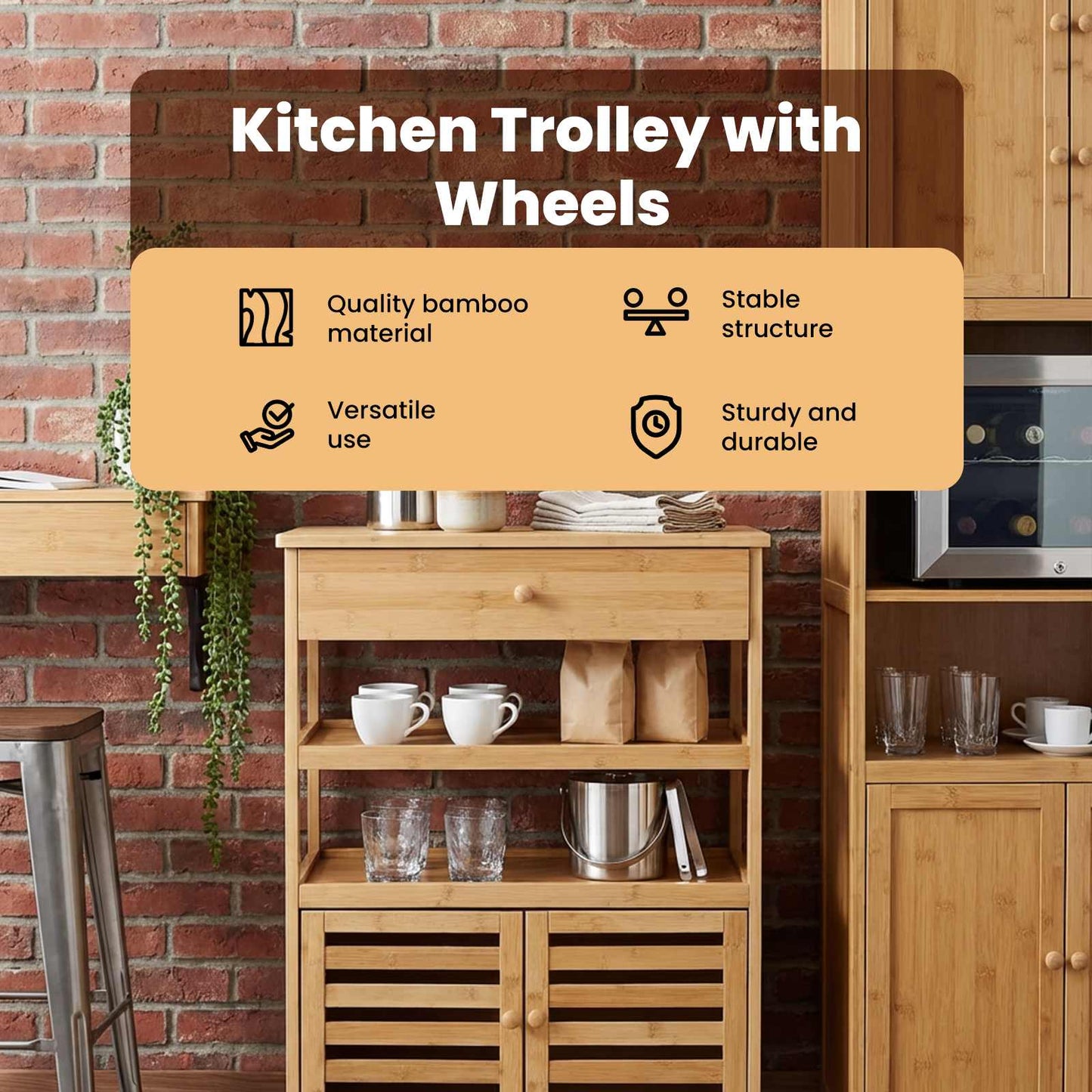 Kitchen Trolley with Wheels Natural 59.5 x 36 x 82 cm Bamboo