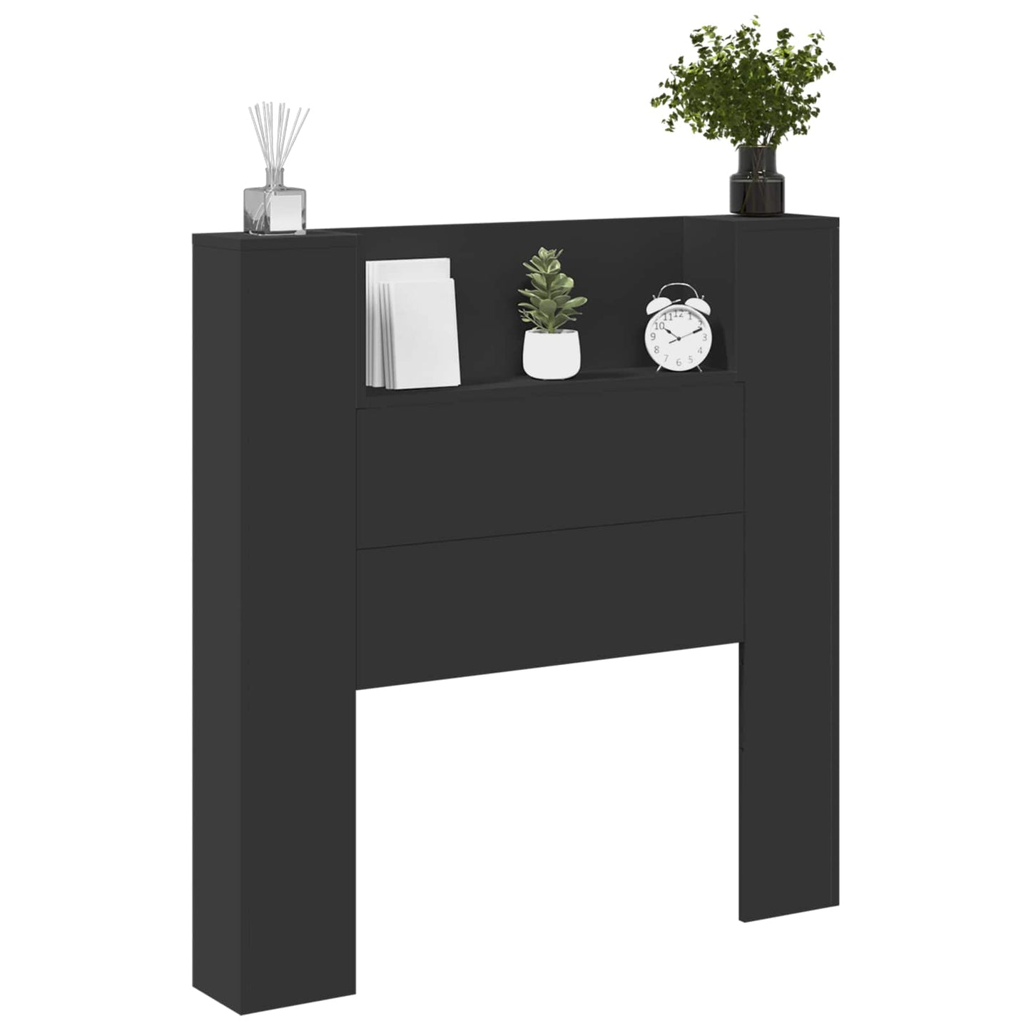 Storage Headboard with LED Black Engineered Wood