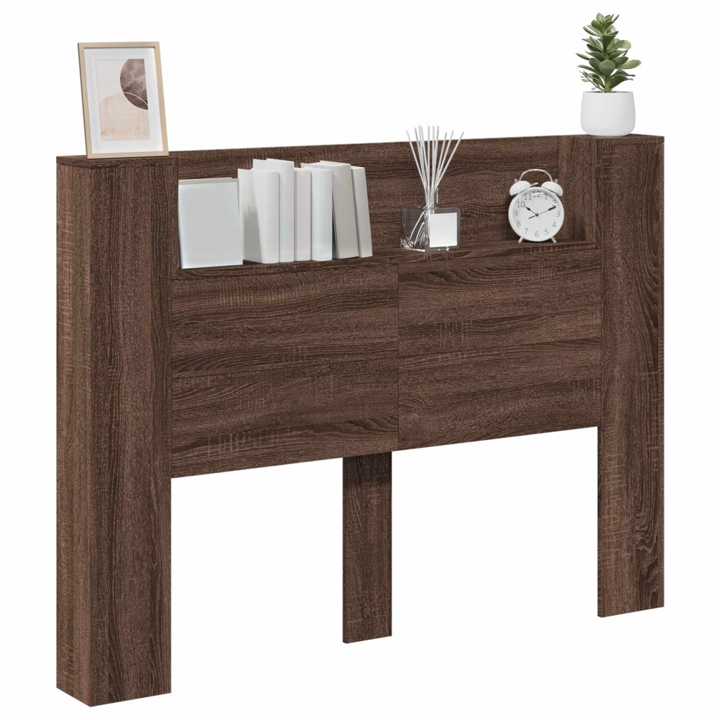Storage Headboard with LED Brown Oak Engineered Wood