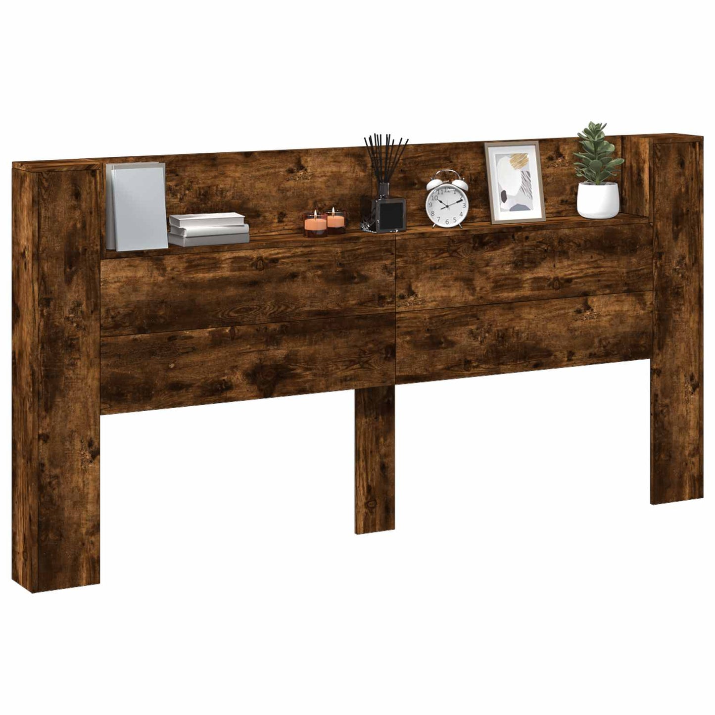Storage Headboard with LED Smoked Oak Engineered Wood