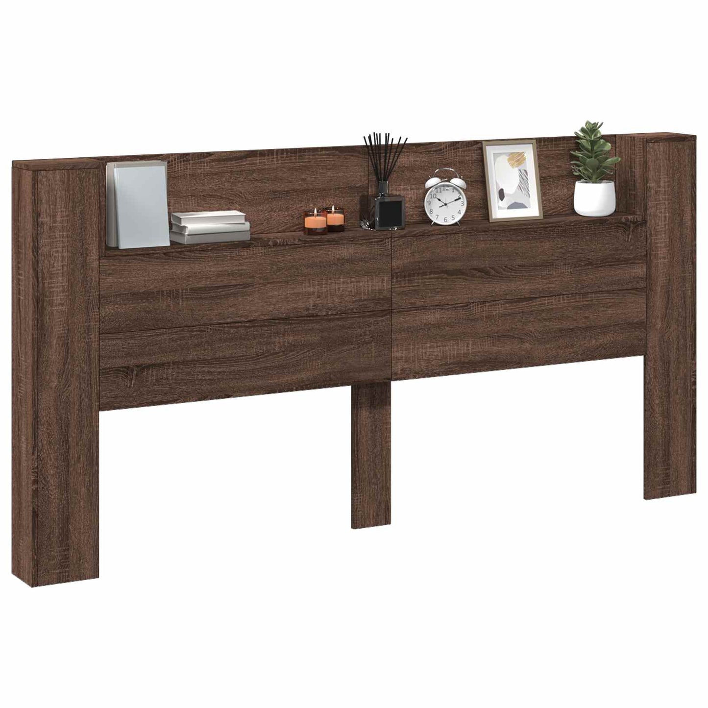 Storage Headboard with LED Brown Oak Engineered Wood