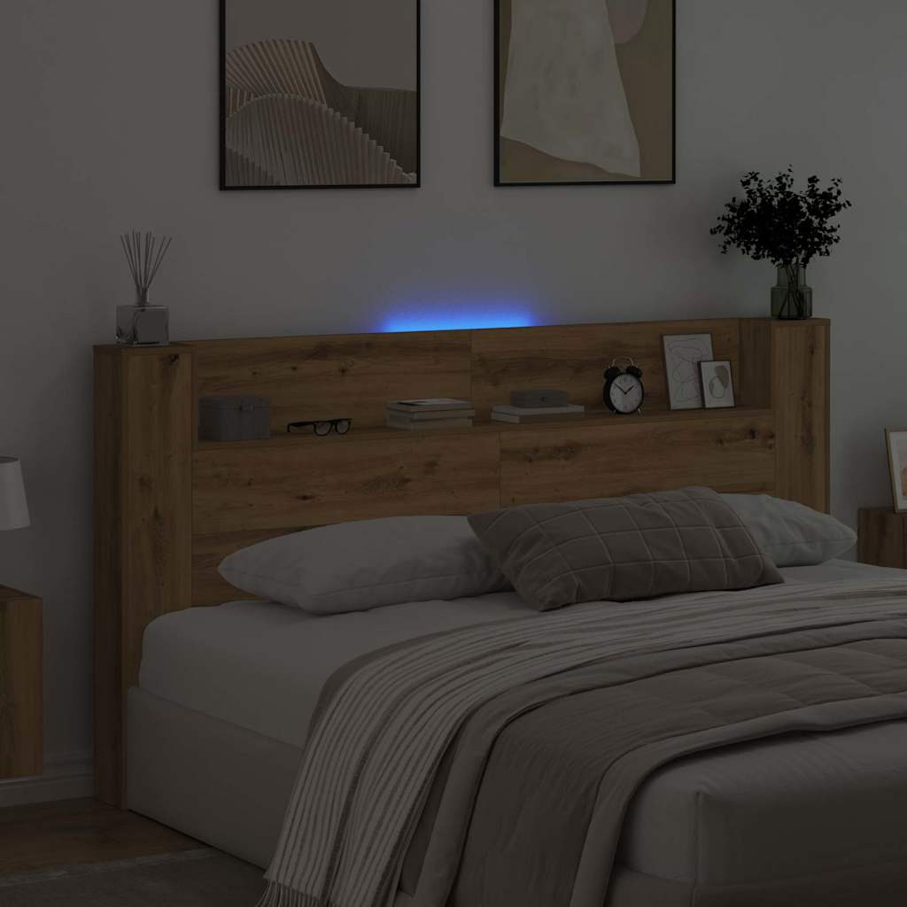 Storage Headboard with LED Artisan Oak Engineered Wood