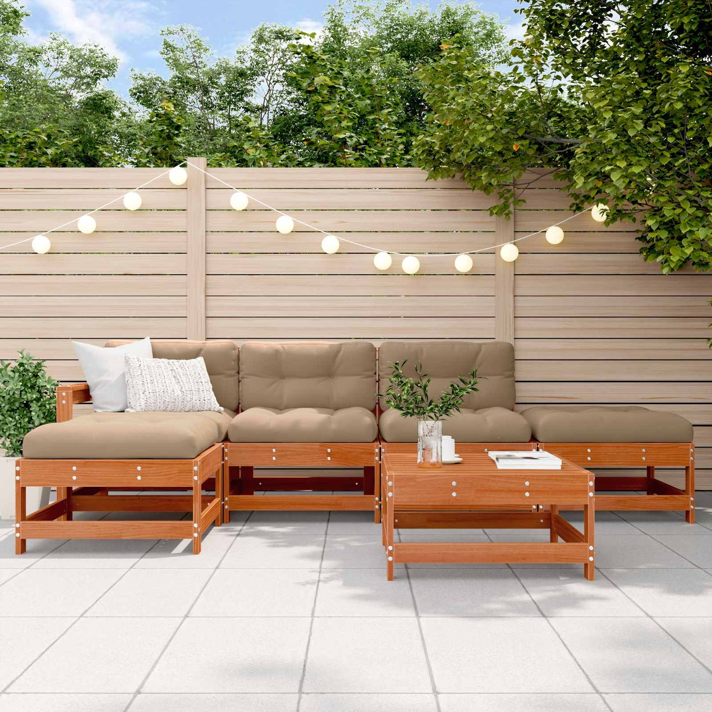 Garden Lounge Set 6 pcs Wax Brown Solid Pine Wood