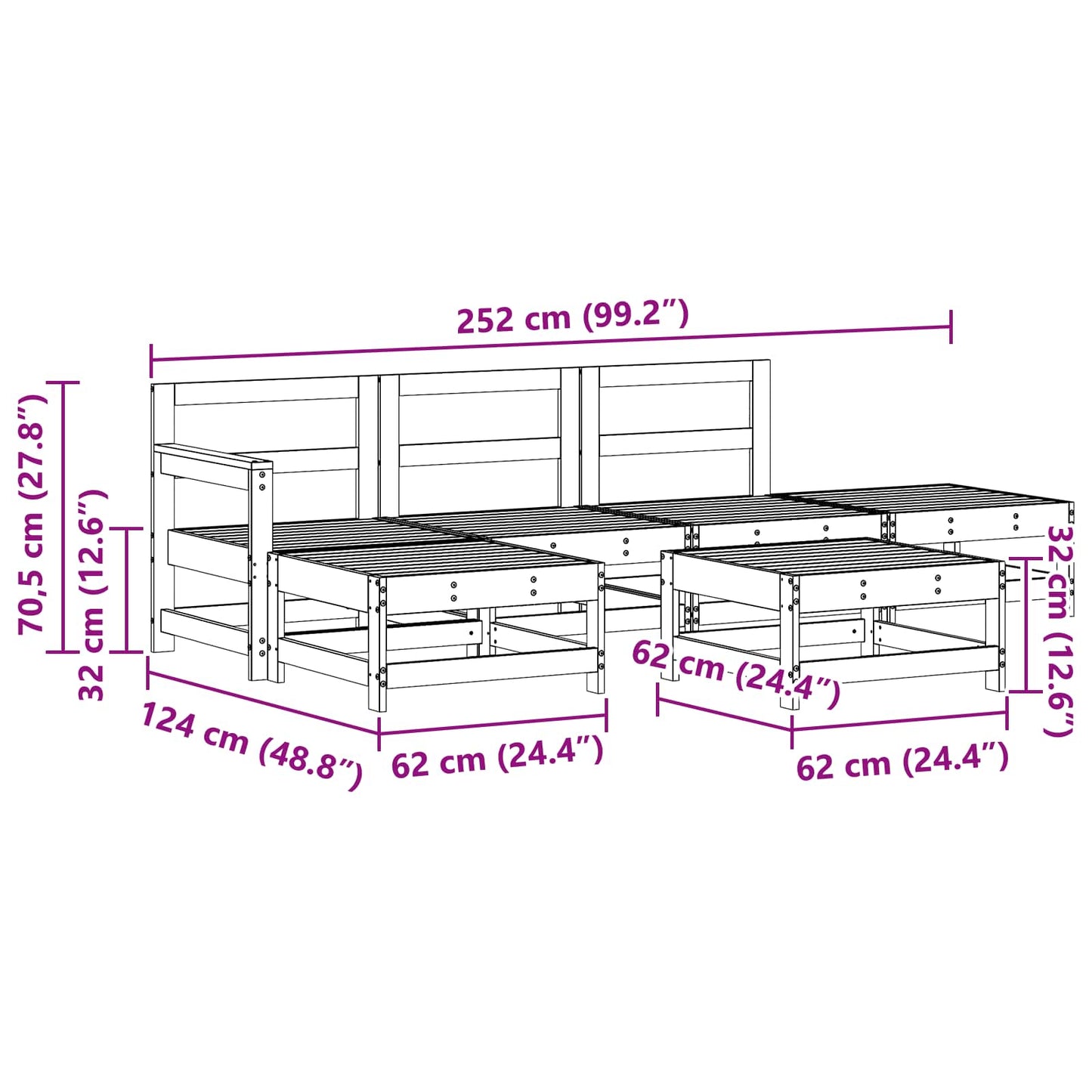 Garden Lounge Set 6 pcs Wax Brown Solid Pine Wood