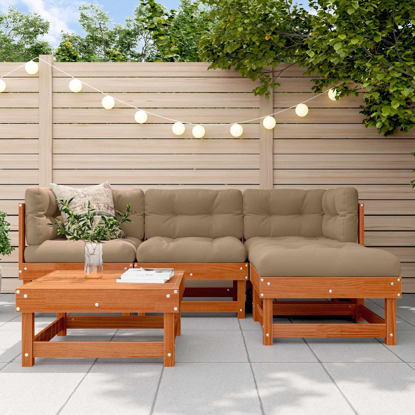 Garden Lounge Set 5 pcs Wax Brown Solid Pine Wood