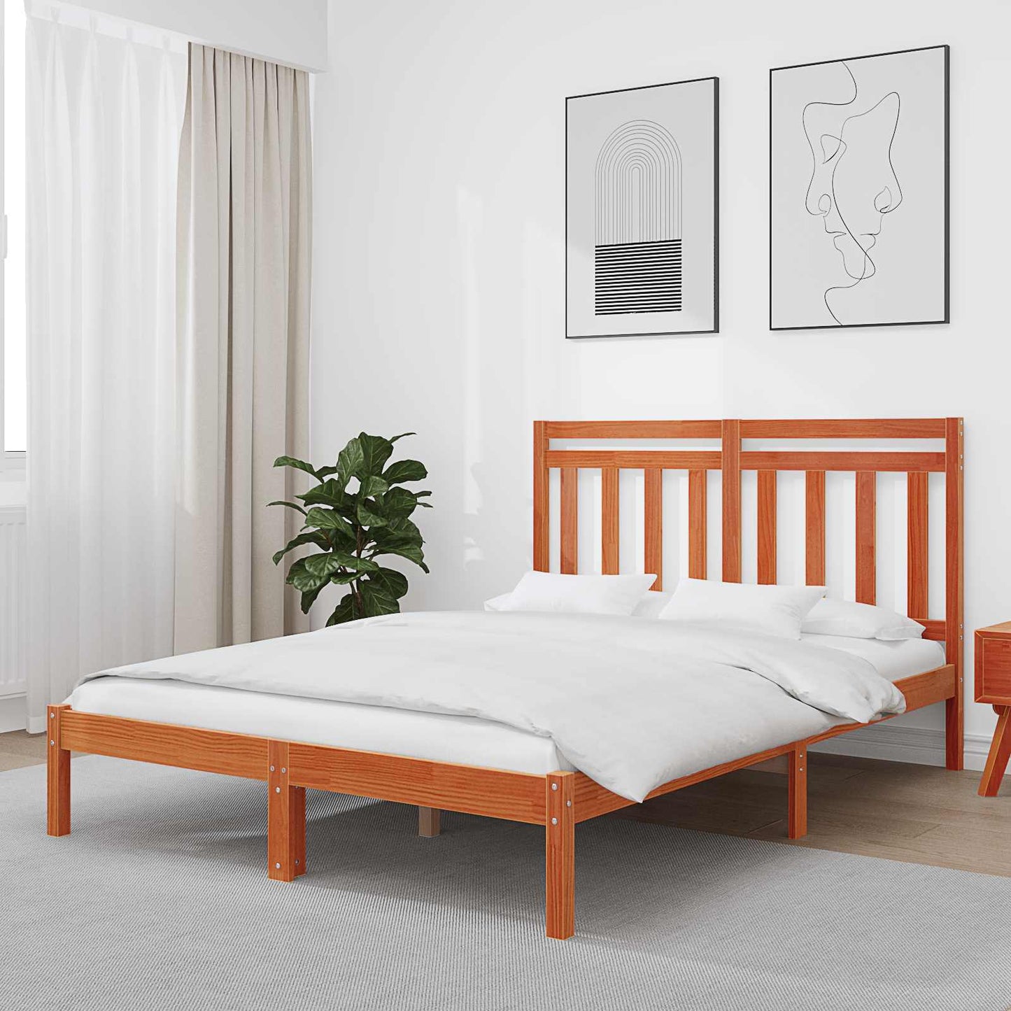 Bed Frame with Headboard Wax Brown 140 x 200 cm Solid Pine Wood