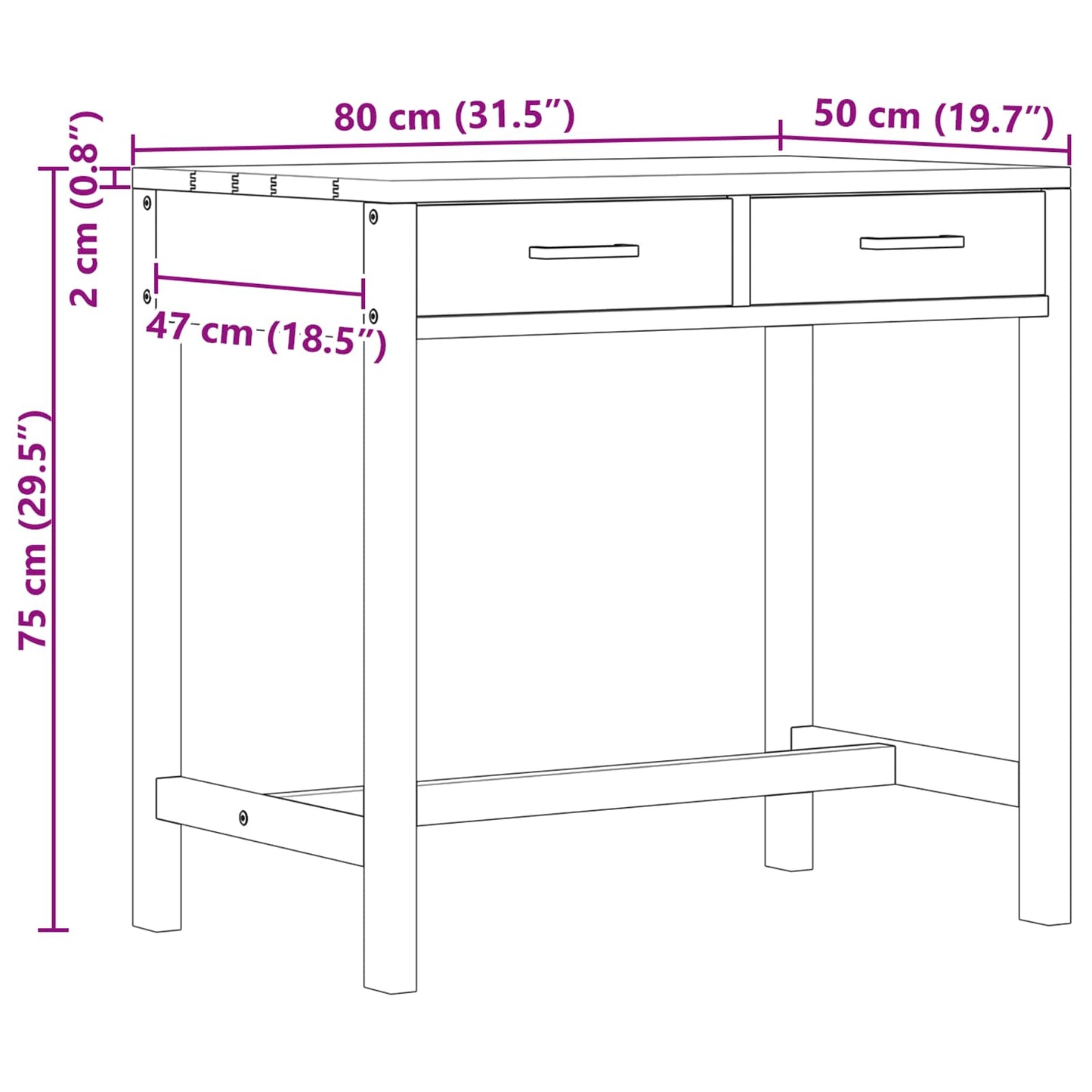 Desk with Drawers Natural Solid Teak Wood 80 x 50 x 75 cm