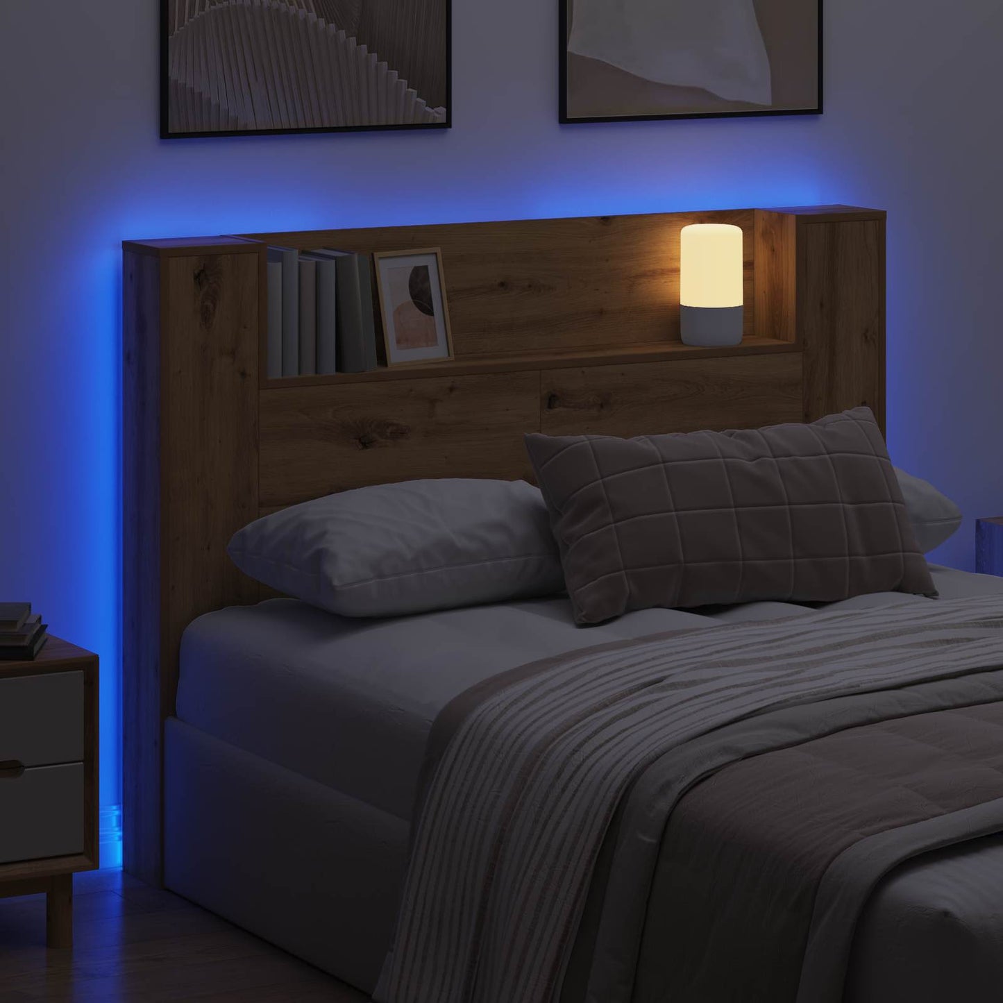 Headboard Cabinet with LED Artisan Oak 140 x 16.5 x 103.5 cm