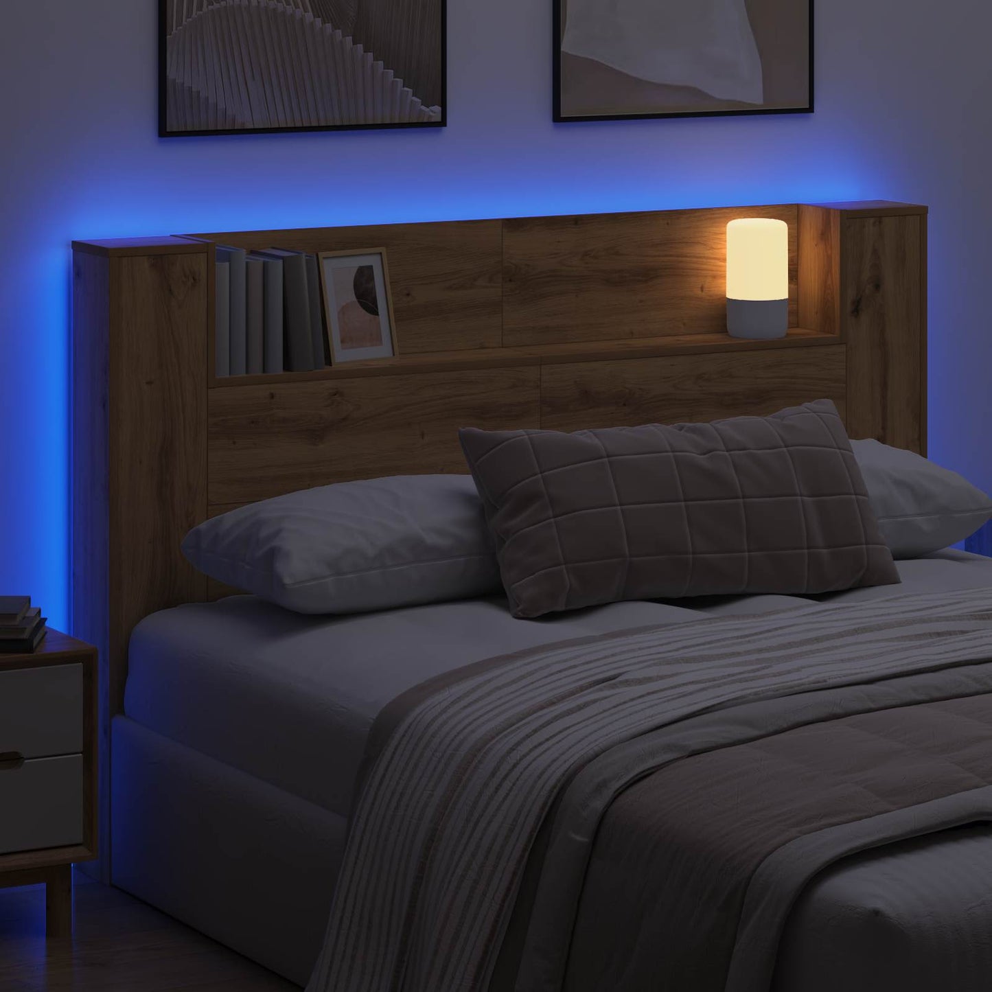 Headboard Cabinet with LED Artisan Oak 160 x 16.5 x 103.5 cm