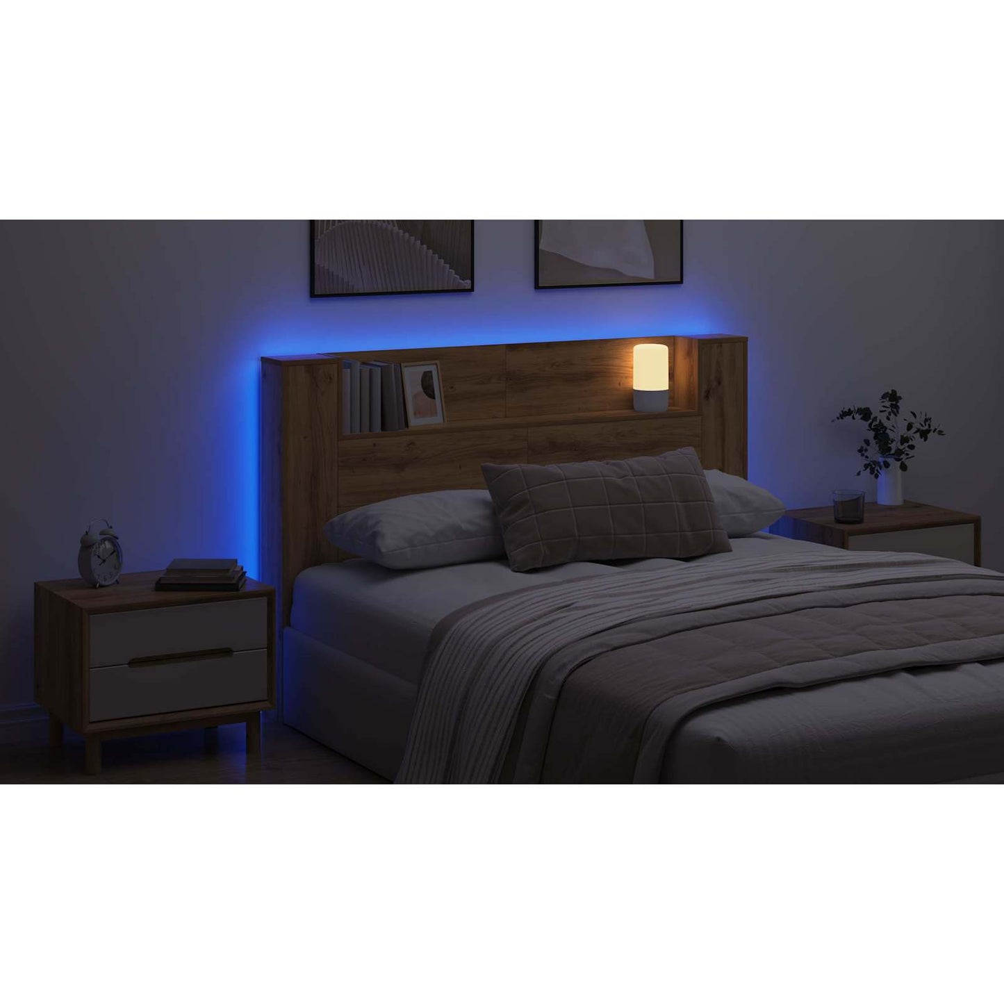 Headboard Cabinet with LED Artisan Oak 160 x 16.5 x 103.5 cm