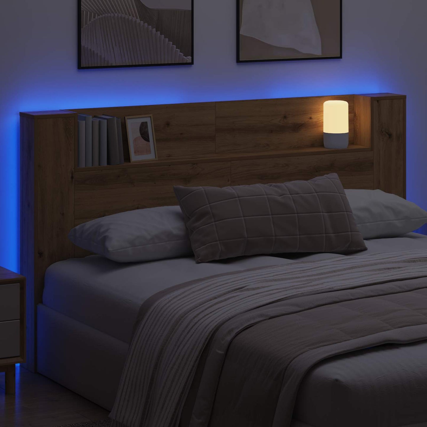 Headboard Cabinet with LED Artisian Oak 180 x 16.5 x 103.5 cm