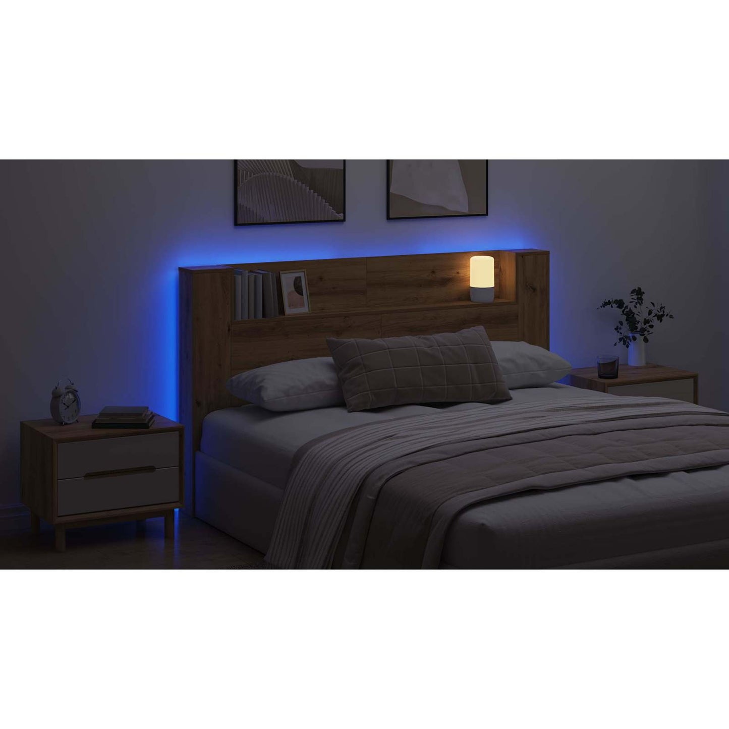 Headboard Cabinet with LED Artisian Oak 180 x 16.5 x 103.5 cm