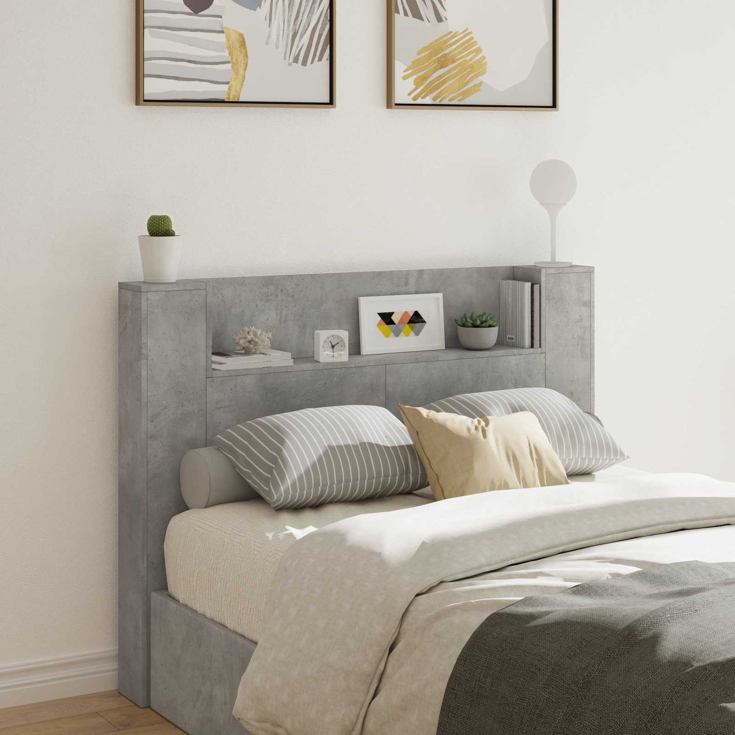 Headboard Cabinet with LED Concrete 140 x 16.5 x 103.5 cm