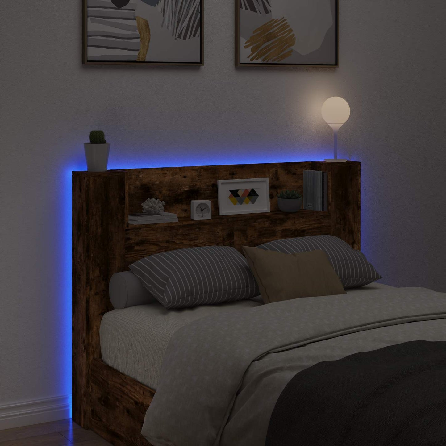 Headboard Cabinet with LED Smoked Oak 140 x 16.5 x 103.5 cm